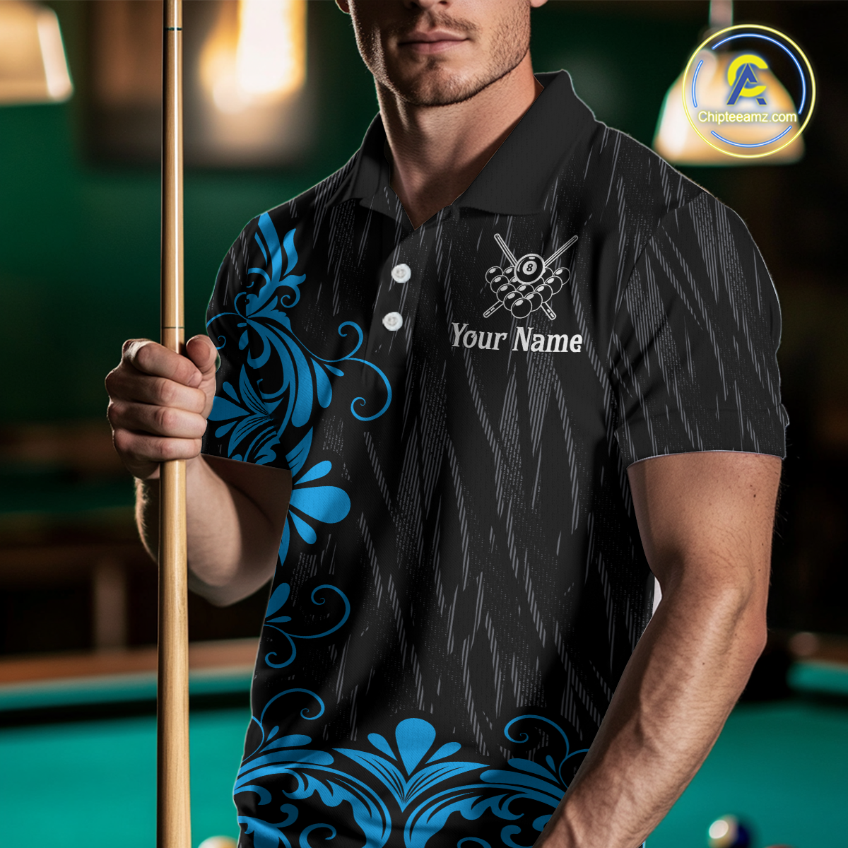 Custom Blue Baroque Pattern Ball Pool Billiard Shirts for Men Team Polo & 1/4 Zip Shirts NNT60