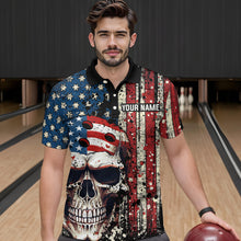 Load image into Gallery viewer, Skull US Flag Bowling Custom Men Bowling Shirt Polo &amp; Quarter-Zip Bowling Team Jerseys HNT58