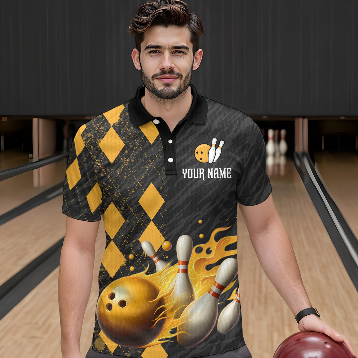 Flame Yellow Bowling Team Shirt Custom Bowling Jersey for Men Women Flame Polo Shirt QZT679