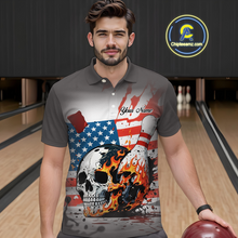 Load image into Gallery viewer, Custom American Flag Skull Flame Bowling Men Polo &amp; 1/4 Zip Shirts Bowling Team Jerseys HNT91