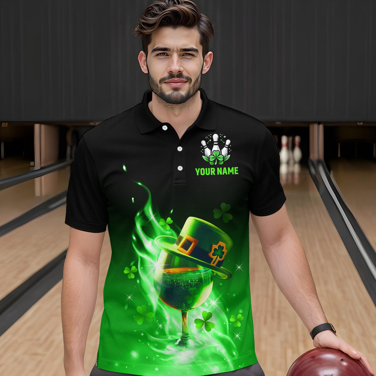 Custom Bowling Shirt Unisex Green Shamrock Lucky Clover Polo Bowling Jersey QZT624