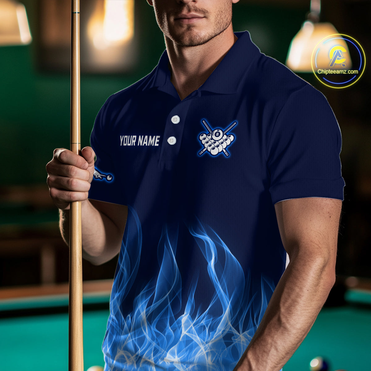 Custom Blue Cobra Snake 8 Ball Pool Flame Billiard Shirts for Men Team Polo & 1/4 Zip Shirts NNT56