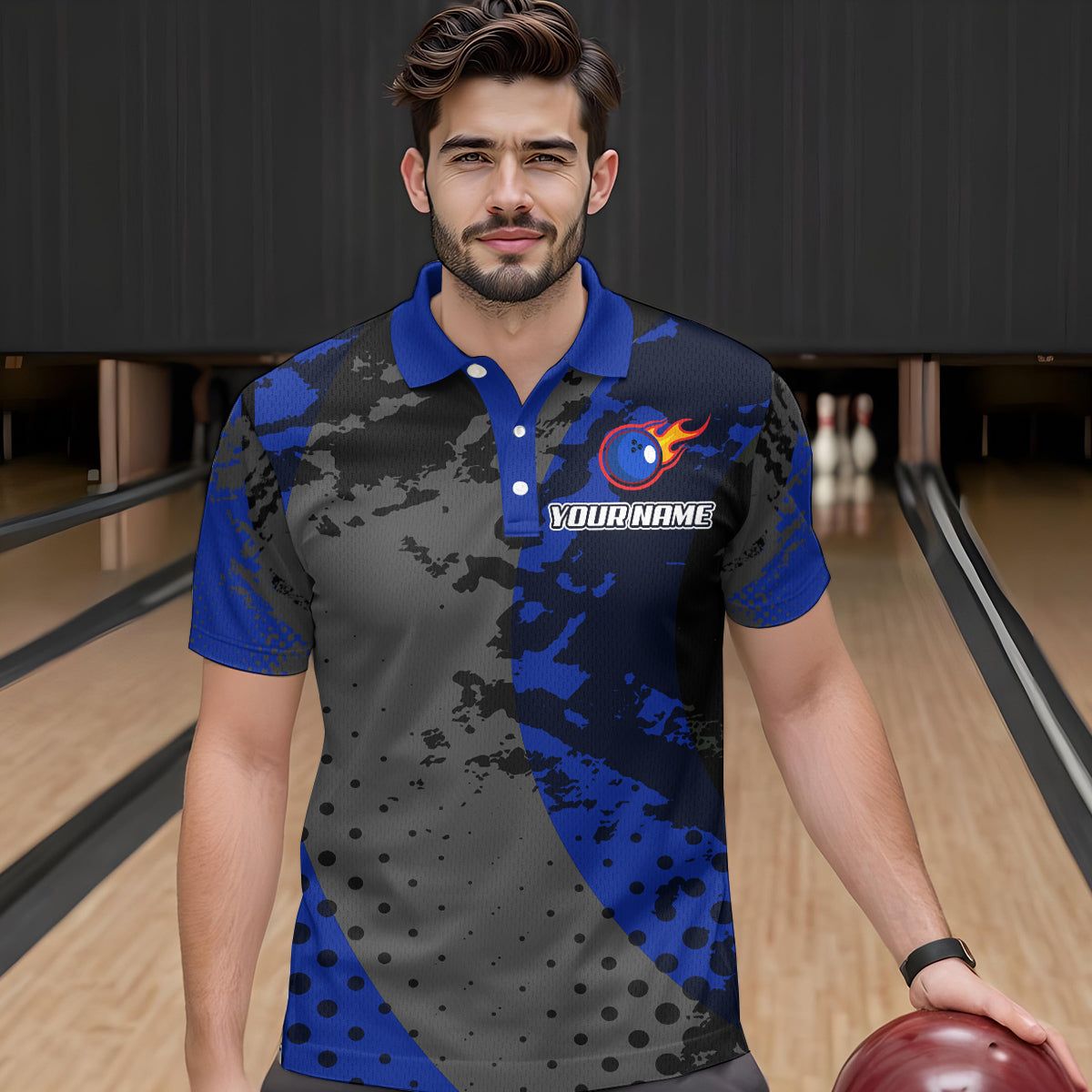 Fire Bowling Shirt Custom Blue Bowling Jersey for Men Women with Team Name MBL63