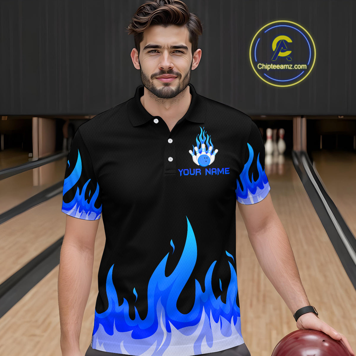 Custom Blue Flame Bowling Shirts for Men Polo & Quarter-Zip Bowling Team Jerseys HNT82