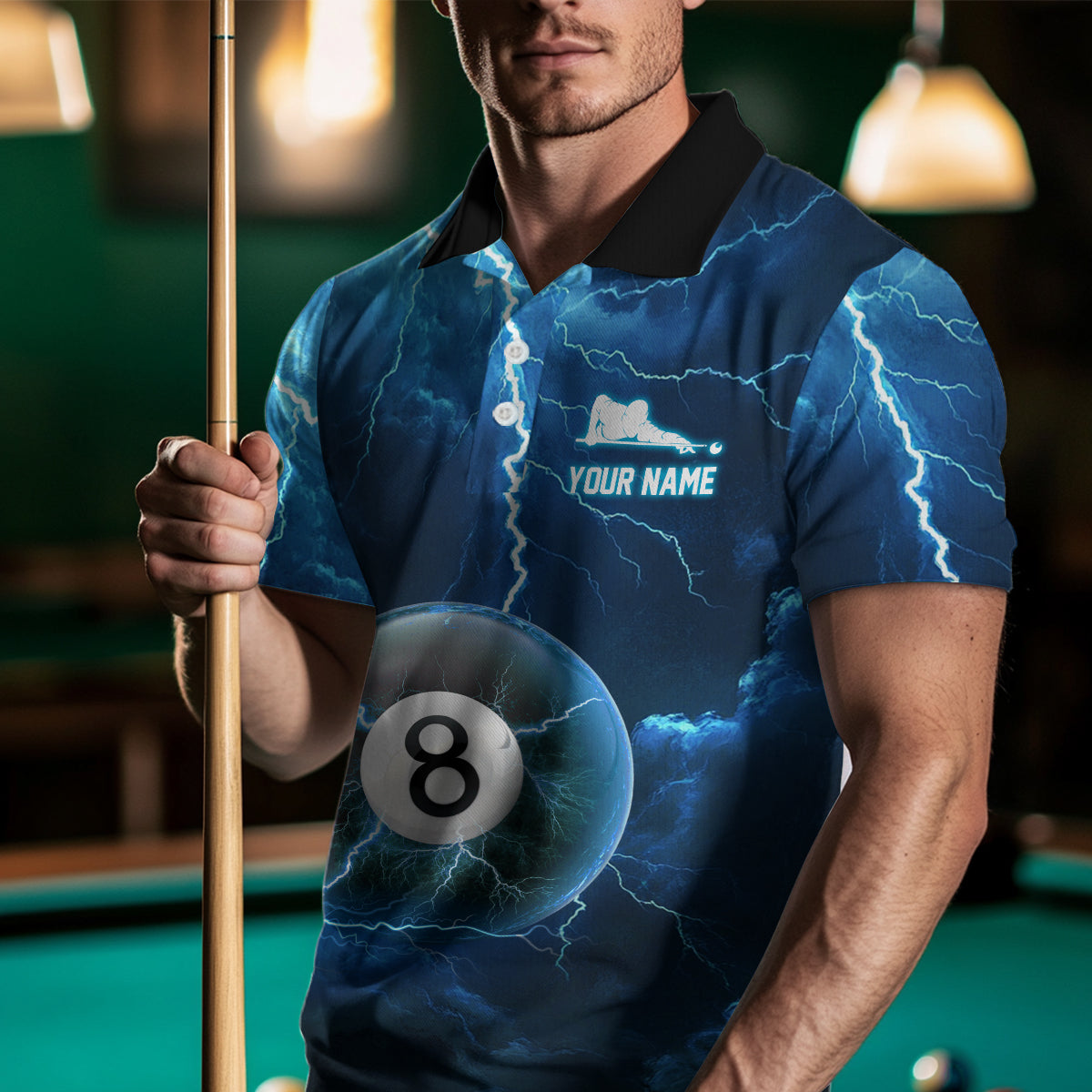 Blue Thunder 8 & 9 Ball Billiards Shirt Men Team Polo & 1/4 Zip Shirts Billiard Jersey NNT17
