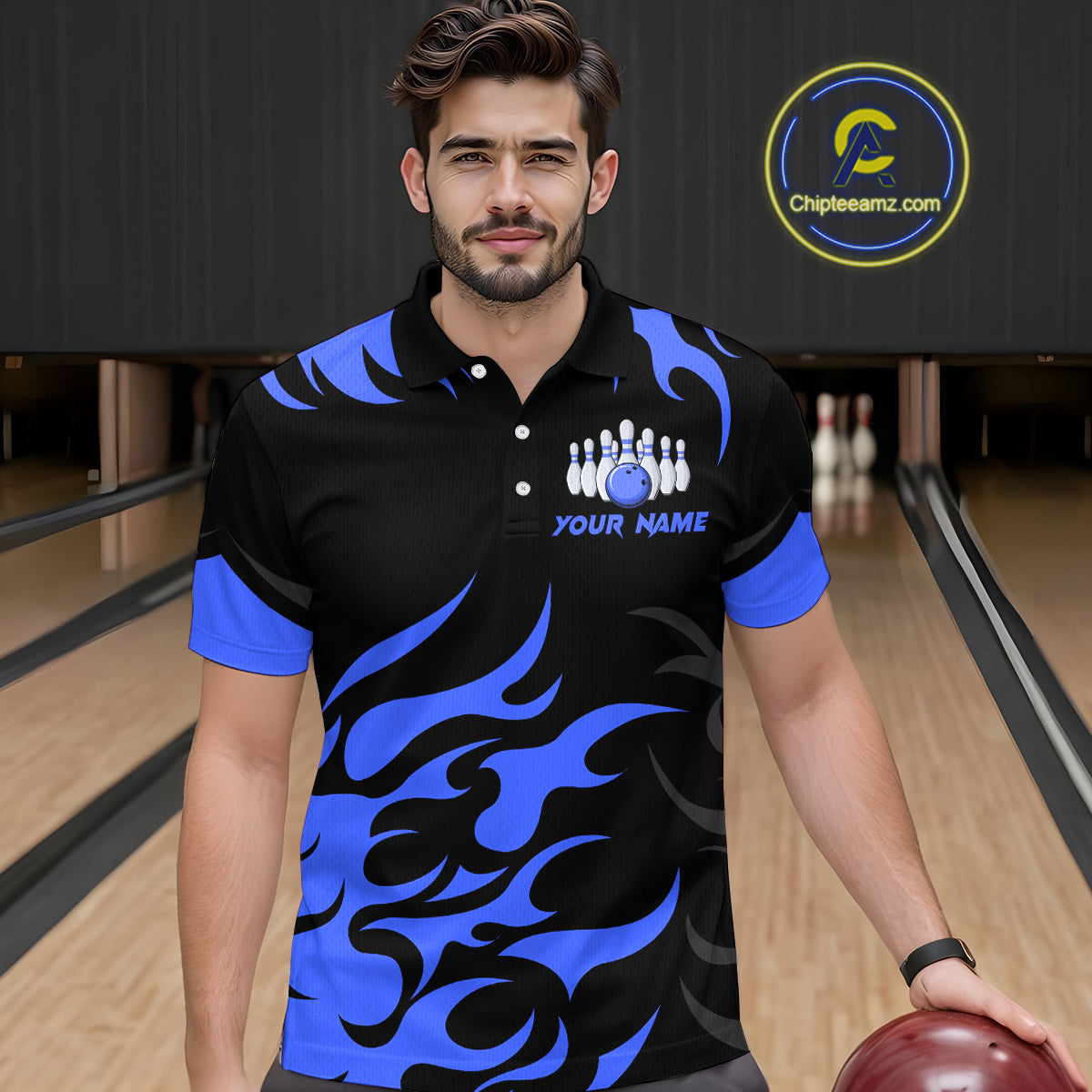 Black and Blue Flame Bowling shirts for Men Custom team bowling jerseys, mens bowling apparel NQS10267