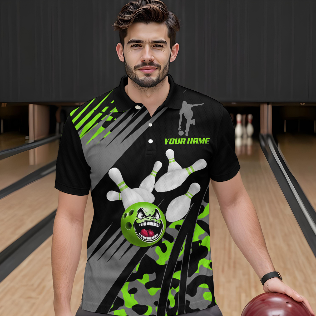 Personalized Green Crazy Bowling Shirt Polo Bowling Jersey Bowling Outfit QZT609