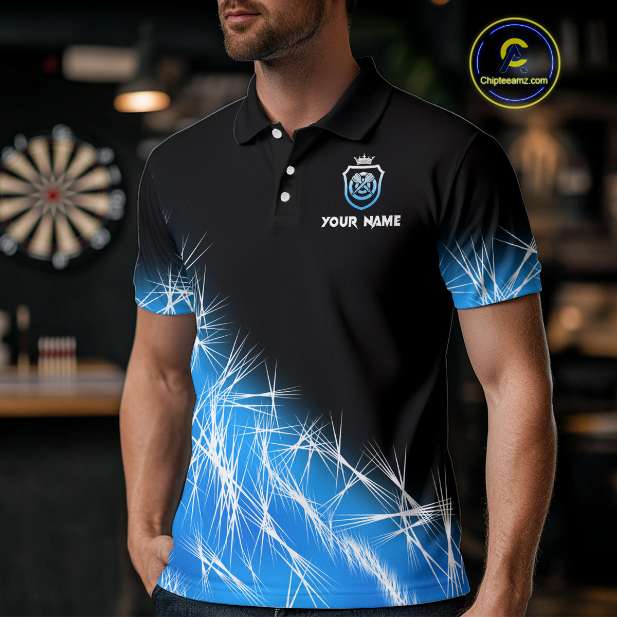 Blue Icy Lights Mens Darts Polo & Quarter Zip Custom Dart Shirts For Team Darts Jerseys TDM3799