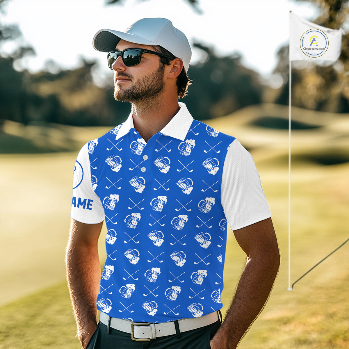 Blue and white golf pattern Mens Golf polo shirts custom name golf beer outfit men golf clothes NQS9856