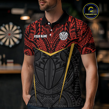 Personalized Red Black Tribal Pattern Darts Polo & 1/4 Zip Custom Dart Shirt For Men, Dart Jerseys TDM4141