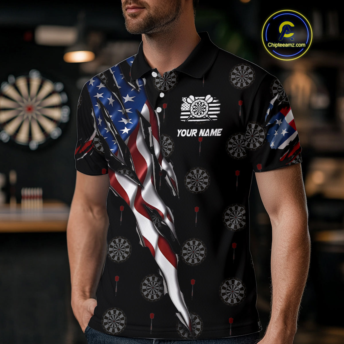 American Flag Scratch Darts Shirt For Men Custom Patriotic Dart Team Jersey Polo & 1/4 Zip TDM4031