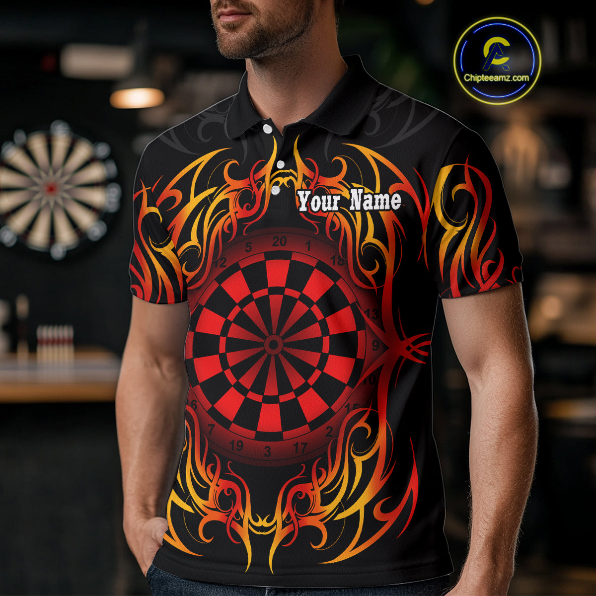 Men's Custom Darts Shirt With Roses Skull Polynesian Pattern And Red Dartboard NYN0254