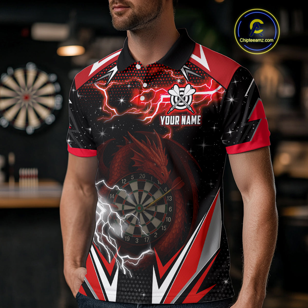 Personalized Dragon Dart Shirts For Men – Custom Thunder Red Darts Team Jerseys Polo & Quarter Zip TDM4037