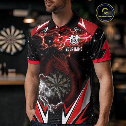 Personalized Dragon Dart Shirts For Men – Custom Thunder Red Darts Team Jerseys Polo & Quarter Zip TDM4037