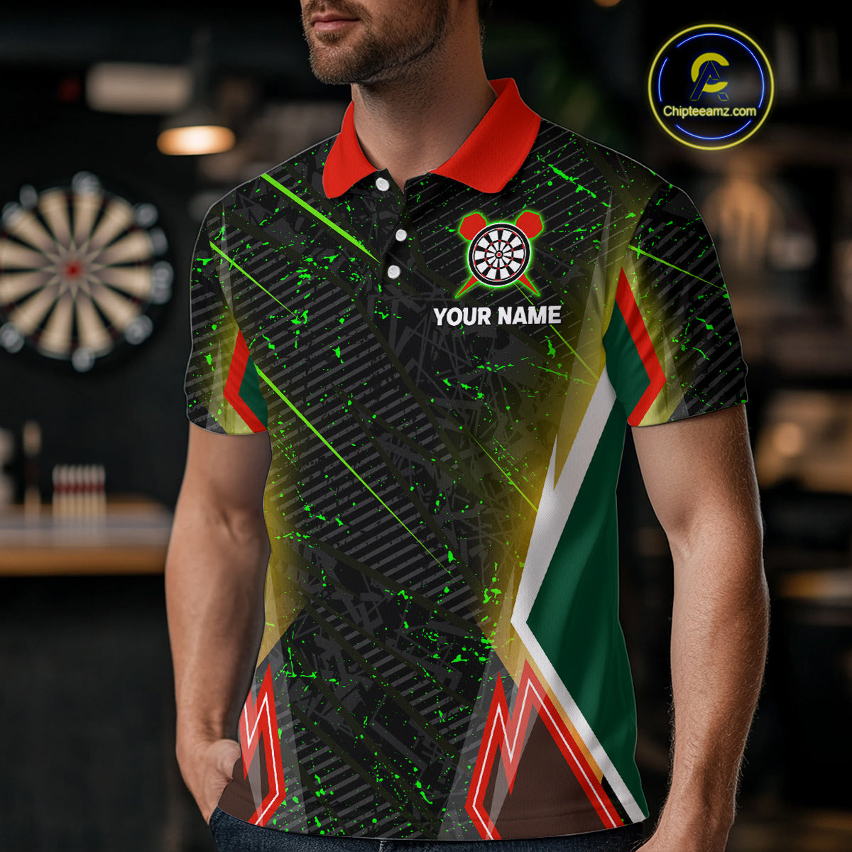 Green Skeleton With Urban Neon Men's Dart Shirt - Custom Name For Darts Jersey NYN0430
