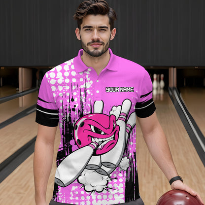 Personalized Pink Funny Crazy Bowling Shirt for Men Polo & Quarter-Zip Bowling Jersey with Team HNT03