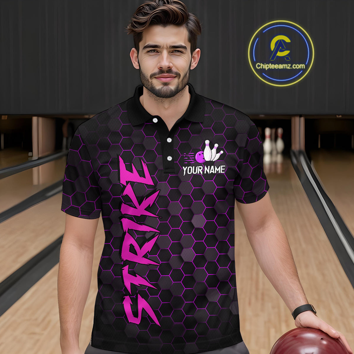 Custom Strike Purple Bowling Men Bowling Shirt Polo & Quarter-Zip Bowling Team Jerseys HNT79