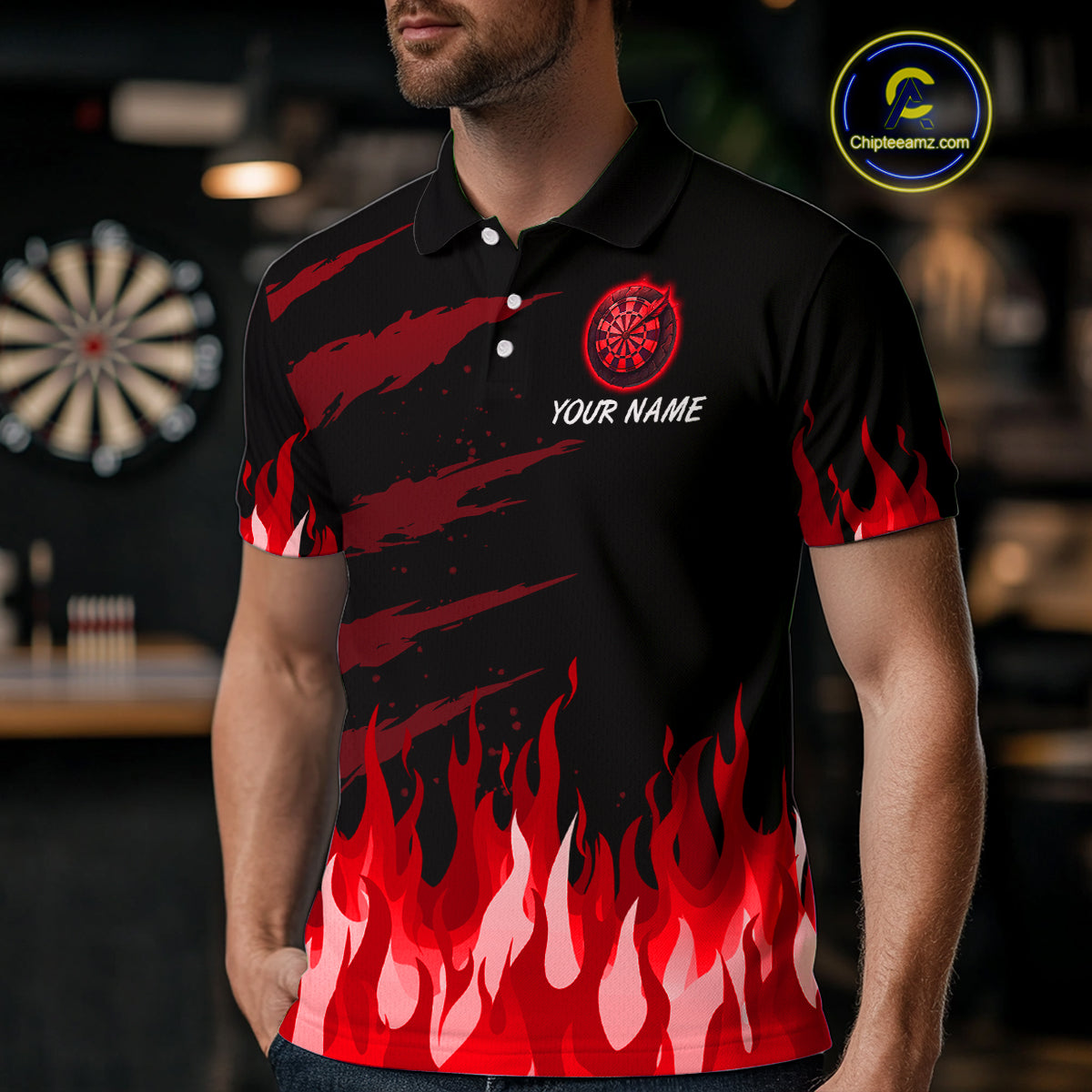 Men's Custom Darts Team Shirt With Maroon Phoenix Dartboard And Flame Pattern NYN0342