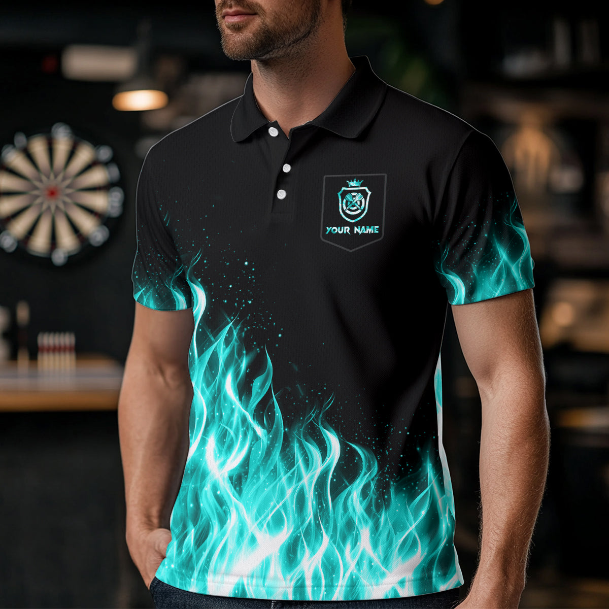Turquoise Fire Flame Dart Shirt With Pocket For Men Custom Dart Team Jersey TDM3792