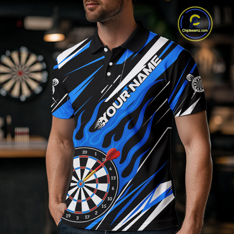 Blue Dartboard Flame Custom Dart Shirts For Men, Darts Team Jerseys Polo & Quarter Zip Shirts TDM4004