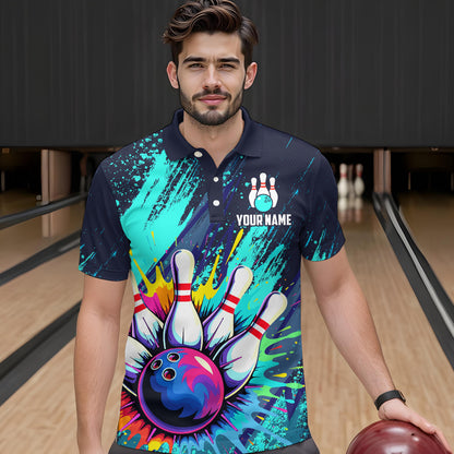 Custom Teal Bowling Shirt for Women Men Bowling Water Color Bowling Polo & 1/4 Zip Shirts MBL37