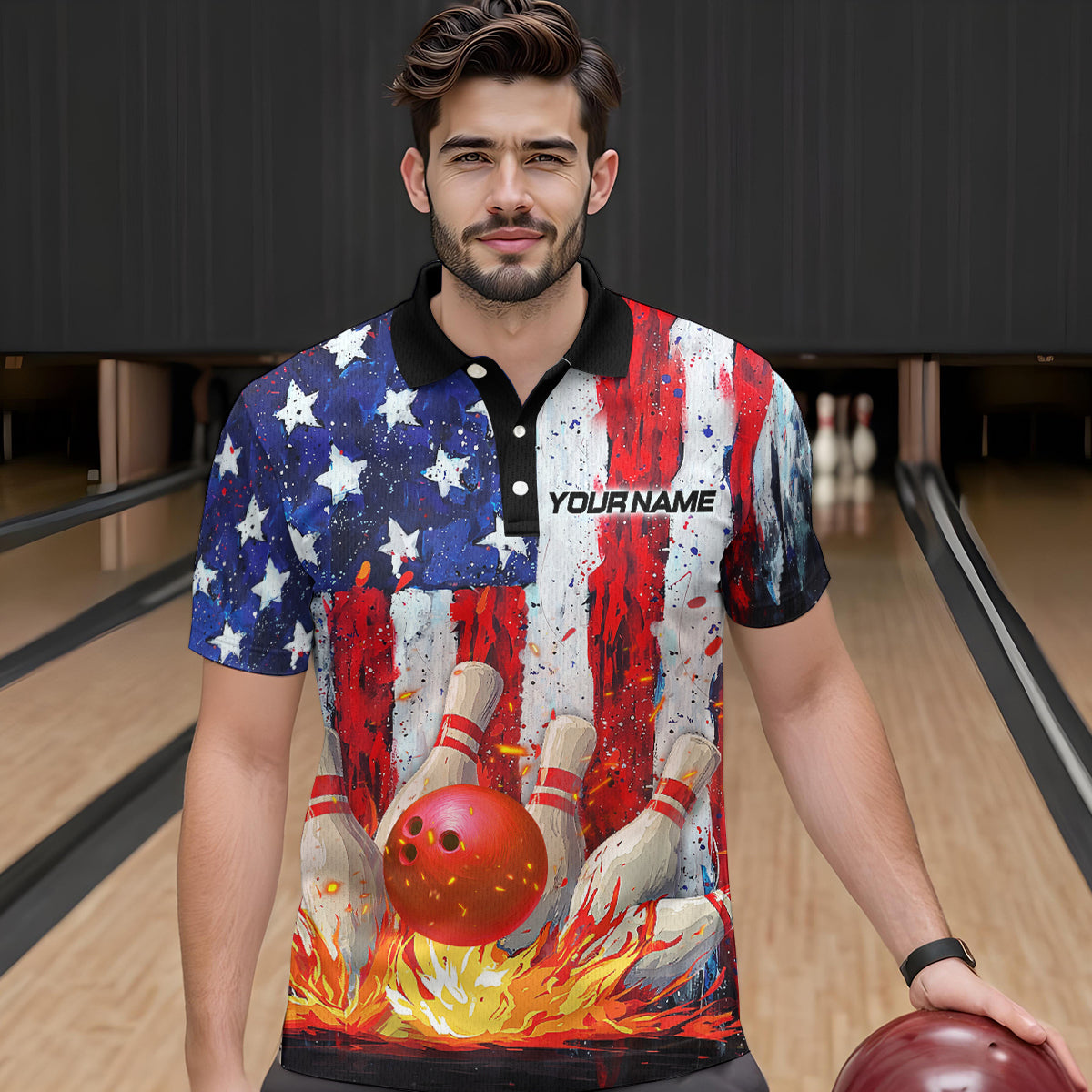 Fire American Flag Bowling Shirt Patriotic Bowling Jersey Men Women Team Polo&1/4 Zip MBL65