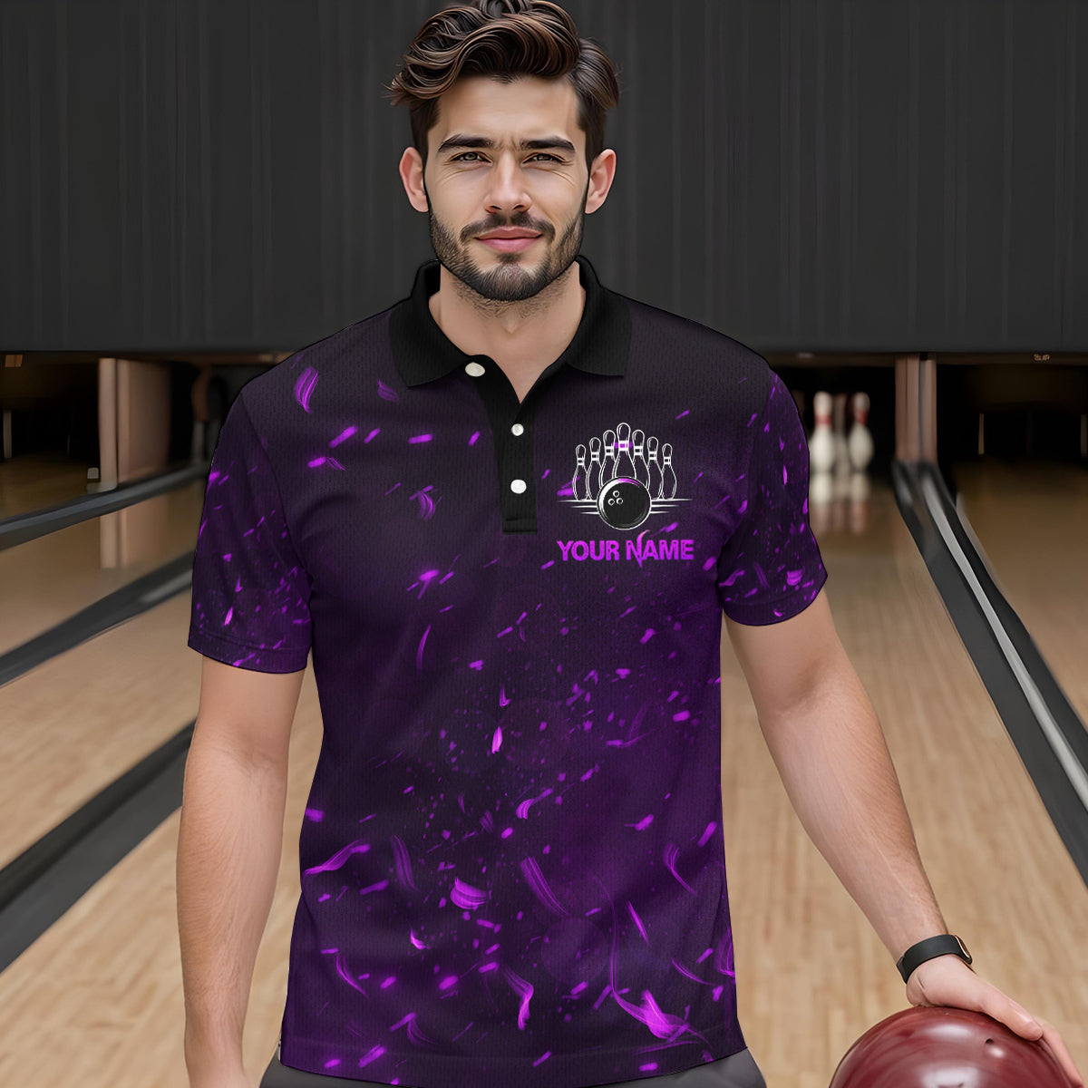 Personalized Purple Bowling Jersey Men Women Flame Bowling Polo Shirt Bowling Shirt BDT424