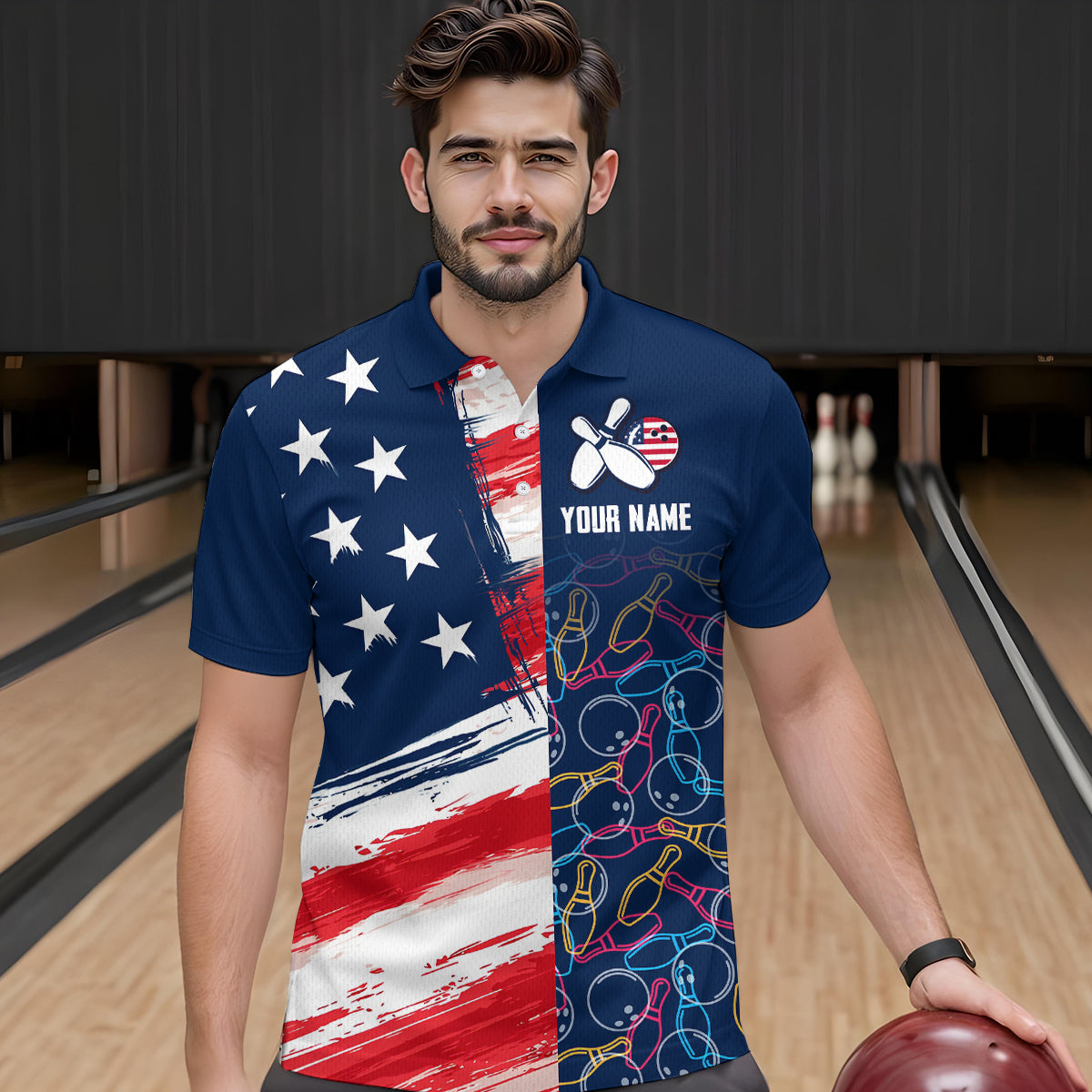 American Flag Bowling Shirts Patriotic Bowling Shirt for Men Women Polo&1/4 Zip Shirt MBL21