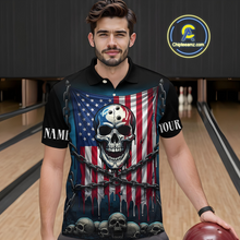 Load image into Gallery viewer, US Flag Skull Bowling Custom Men Bowling Shirt Polo &amp; Quarter-Zip Bowling Team Shirts HNT74