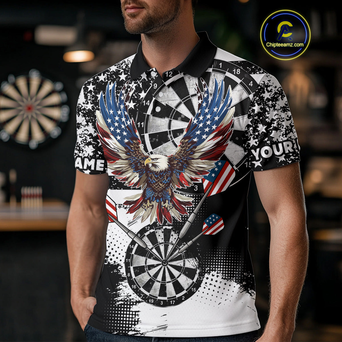 Custom Dart Shirt For Men, Grunge Eagle American Flag Black White Polo, 1/4 Zip Darts Jersey TDM3877