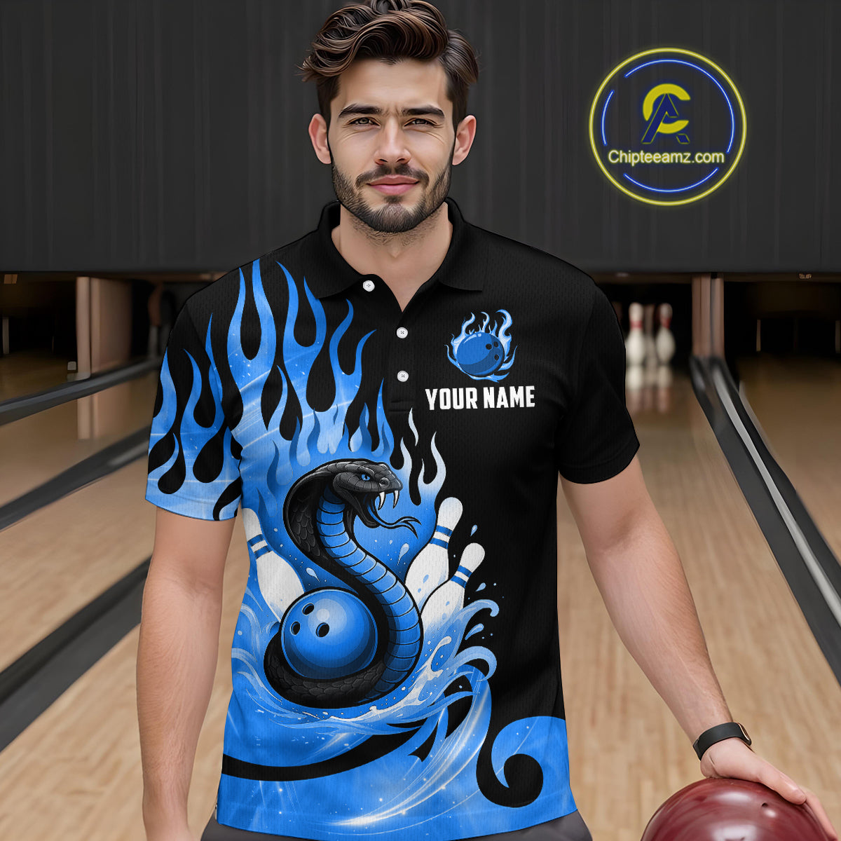 Custom Blue Flame Cobra Snake Bowling Shirt Polo Bowling Team League Bowling Jersey QZT694