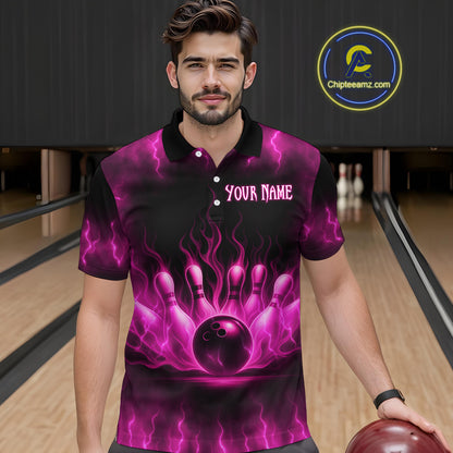 Custom Pink Flame Bowling Shirts for Women Men Team Bowling Polo and Quarter Zip MBL132