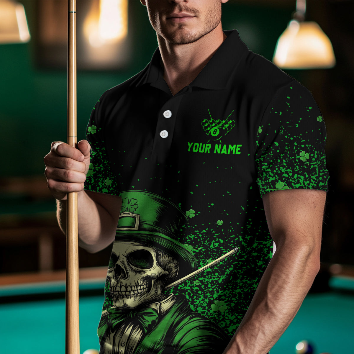 St Patrick Day Funny Skull Ball Billiards Shirt Men Polo & 1/4 Zip Shirts Billiard Team NNT23
