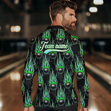 Load image into Gallery viewer, Black Bowling Ball Camo Green Flame Bowling Polo, 1/4 Zip Shirt for Men Custom Bowling Team Jersey NQS9479