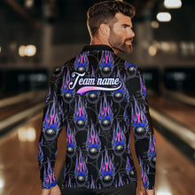 Load image into Gallery viewer, Black Bowling Ball Camo Blue Flame Bowling Polo, 1/4 Zip Shirt for Men Custom Bowling Team Jersey NQS9480