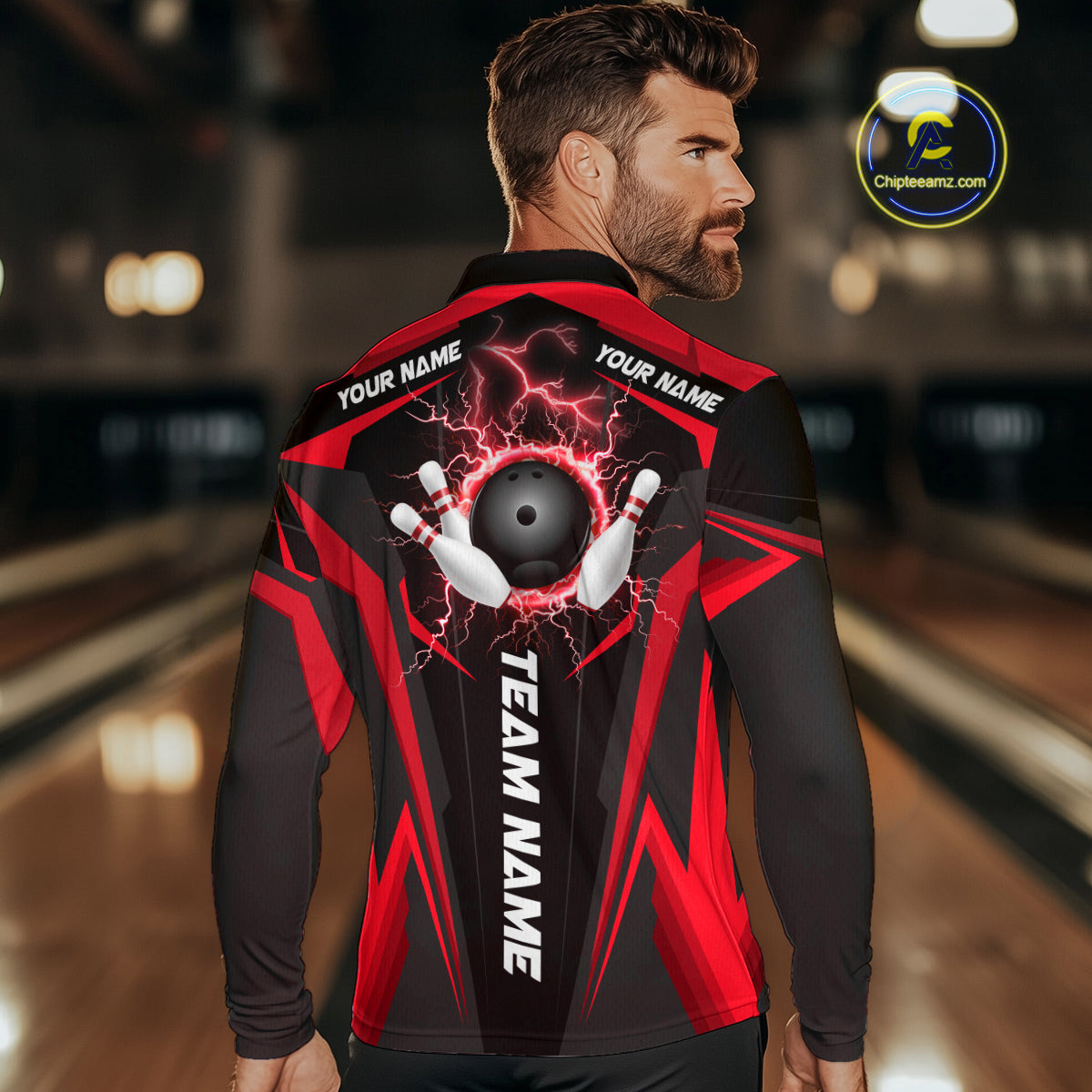 Black Mens bowling Polo, Quarter Zip shirt Custom lightning thunder team league bowling jerseys | Red NQS10373