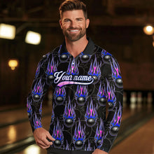 Load image into Gallery viewer, Black Bowling Ball Camo Blue Flame Bowling Polo, 1/4 Zip Shirt for Men Custom Bowling Team Jersey NQS9480