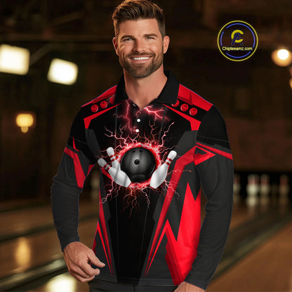 Black Mens bowling Polo, Quarter Zip shirt Custom lightning thunder team league bowling jerseys | Red NQS10373