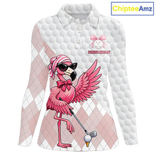 Load image into Gallery viewer, Pink Flamingo Golf Shirt For Women, Funny Argyle Patten Golf Polo Shirt, Ladies Golf Outfit For Team NHT731