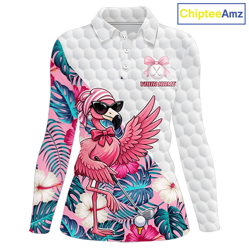 Pink Flamingo Golf Shirt For Women, Funny Tropical Patten Golf Polo Shirt, Ladies Golf Outfit For Team NHT730