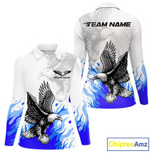 Load image into Gallery viewer, Womens Long Sleeve Golf Polo Shirt Custom Eagle Blue Flame Golf Tops, White Golf Outfit NHN0070