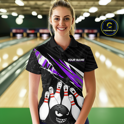 Custom Purple Funny Bowling Jersey for Women Bowling Uniform Polo & 1/4 Zip Bowling Team Shirts HNT128