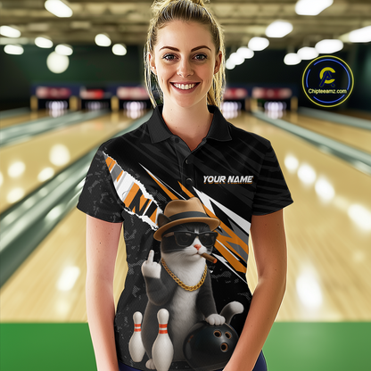 Custom Orange Funny Cat Bowling Jersey for Women Bowling Shirt Polo & 1/4 Zip Bowling Team Shirts HNT136