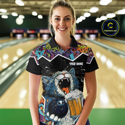 Custom Funny Cat Beer Bowling Jersey for Women Polo & 1/4 Zip Bowling Team Shirts HNT146