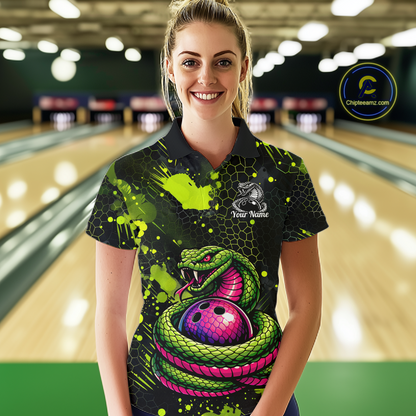 Green Cobra Snake Bowling Team Shirts Custom Name Bowling Jersey for Women Polo & 1/4 Zip HNT546