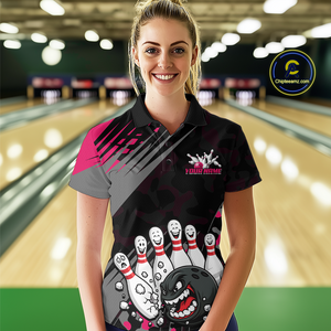 Custom Pink Funny Bowling Shirt Crazy Bowling Jersey Women Polo & 1/4 Zip Bowling Outfit QZT785