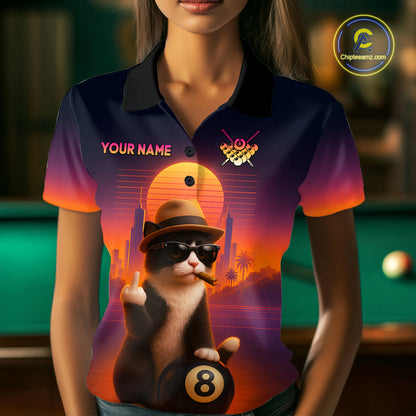 Custom Funny Cat 8 Ball Billiard Jersey for Women Billiard Uniform Polo & 1/4 Zip Billiard Team Shirts NNT80
