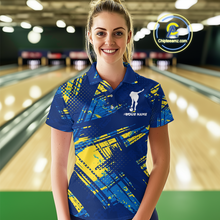 Load image into Gallery viewer, Custom Blue Yellow Bowling Jersey for Women Bowling Uniform Polo &amp; 1/4 Zip Bowling Team Shirts HNT122