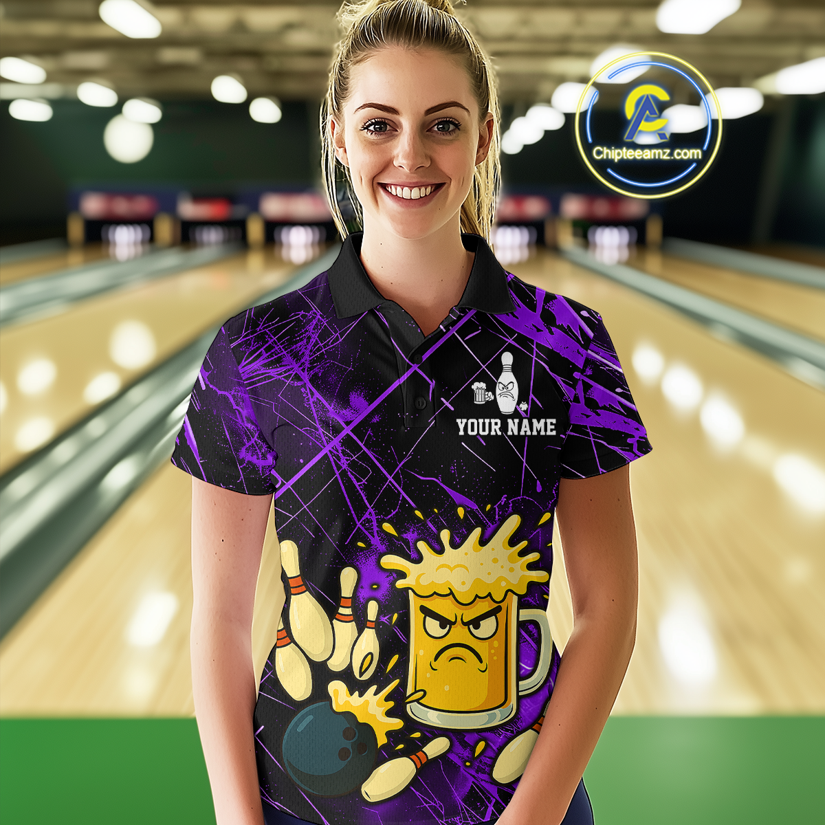 Custom Purple Funny Beer Bowling Shirt Team Bowling League Jersey for Women Bowling Outfit QZT767