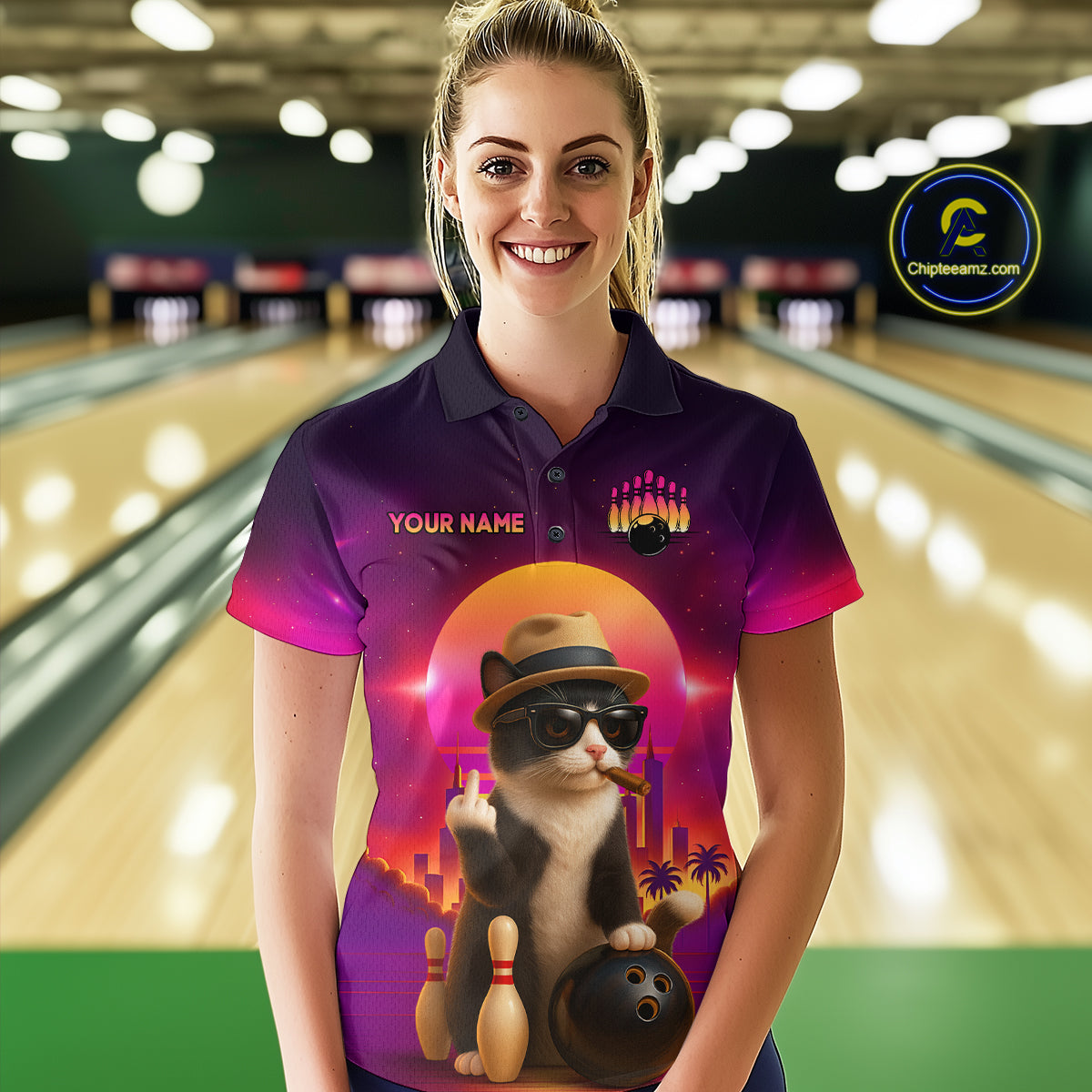 Custom Funny Cat Bowling Jersey for Women Bowling League Polo & 1/4 Zip Bowling Team Shirts HNT142